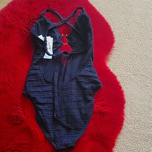 BECCA black swimsuit textured w/gold bull ring at chest plunge front hi legs NWT - Picture 2 of 9